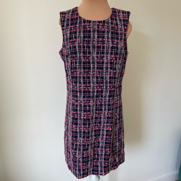 Milly Tweed Cotton Blend Blue Pink Sleeveless Shift Dress 997FT012651 NWT Size 8 - Picture 1 of 8